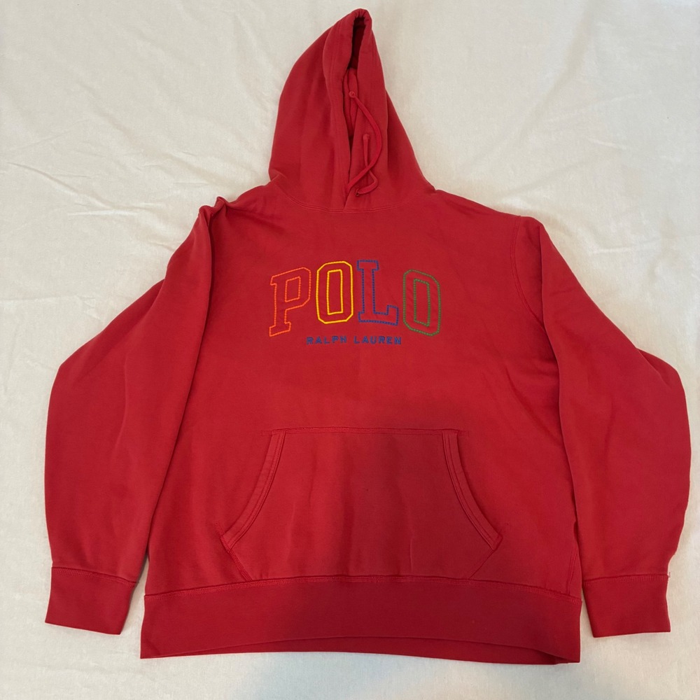 Polo Ralph Lauren Hoodie Mens XL Red Multi-Color Embroidered Logo Pullover